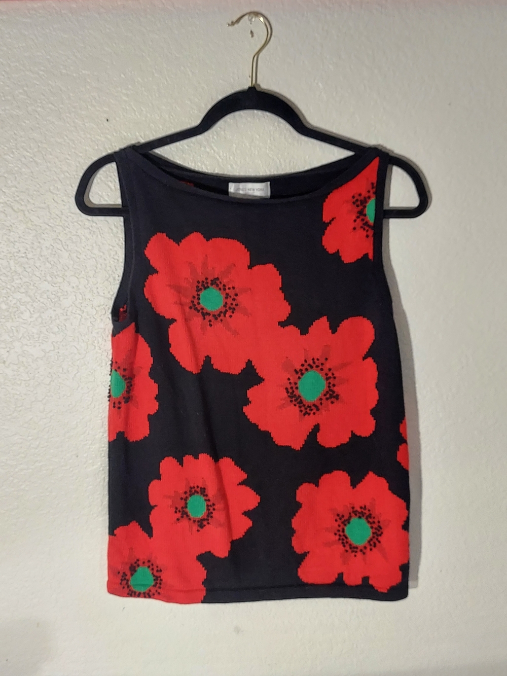 JONES NEW YORK Sport Vtg Floral Black/Red Cotton Sleeveless Knit Top WM Size M